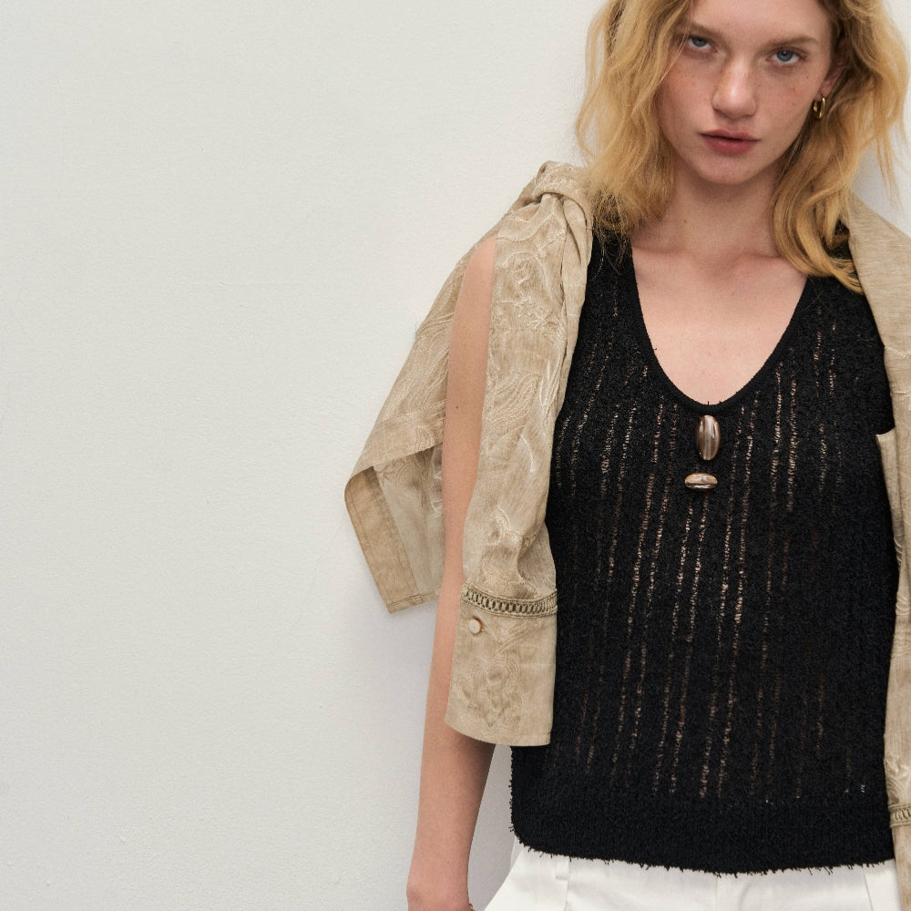 Dpercent丨South France holiday style hollow woven U-neck woolen vest