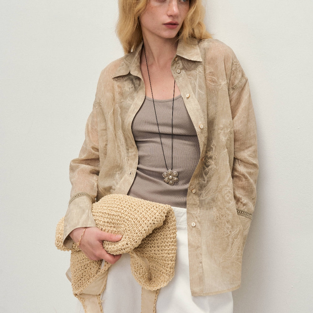 Dpercent｜Tencel linen lapel design sun-proof sand-colored embroidered thin long-sleeved shirt