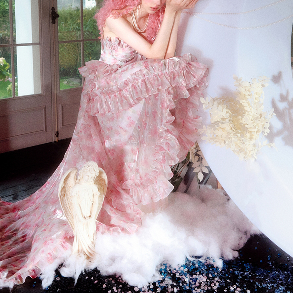 Three Quarters gilded rose tube top dress with train