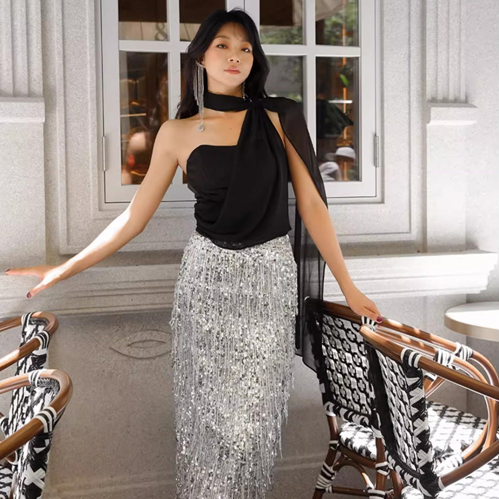 SSPARKLING heavy-duty skirt women's silver evening dress long skirt