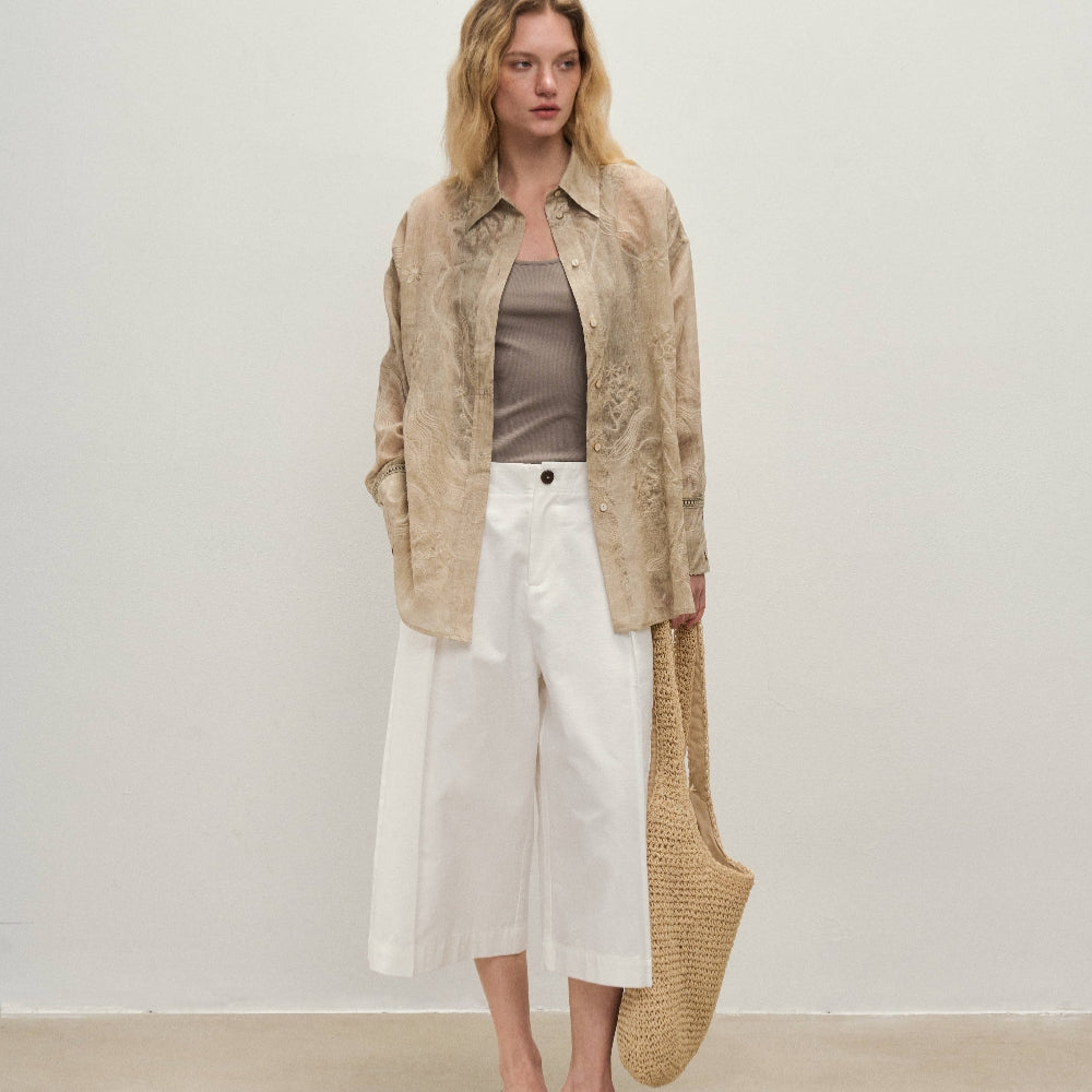 Dpercent丨Imported PIMA cotton pleated waist-style white loose-fitting cropped shorts