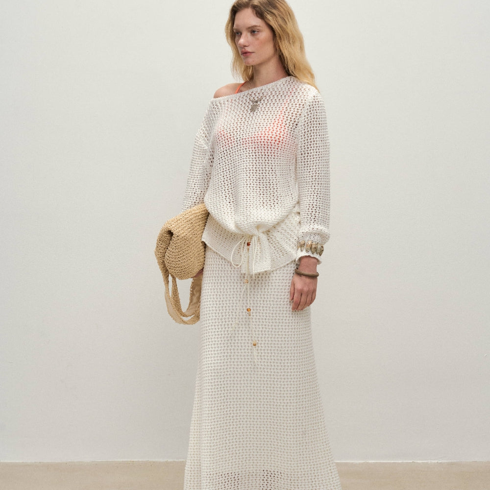 Dpercent丨Long-staple cotton blended yarn knitted hollow cardigan suit