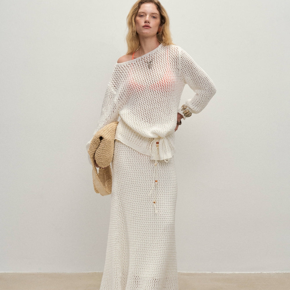 Dpercent丨Long-staple cotton blended yarn knitted hollow cardigan suit