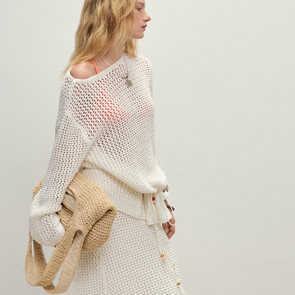 Dpercent丨Long-staple cotton blended yarn knitted hollow cardigan suit