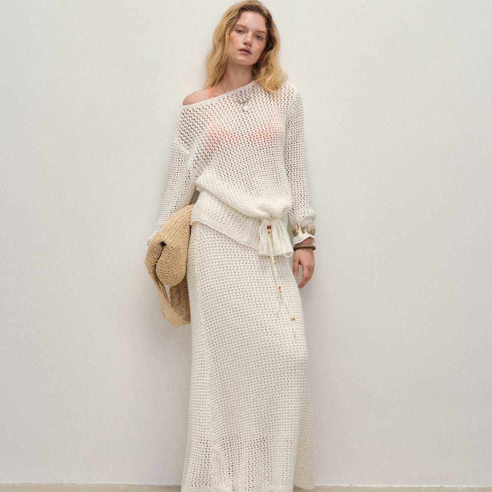 Dpercent丨Long-staple cotton blended yarn knitted hollow cardigan suit