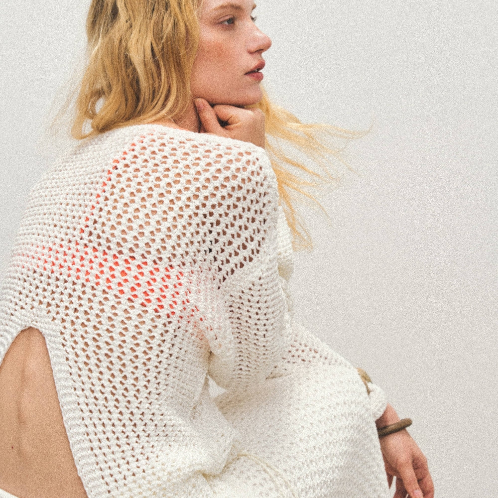 Dpercent丨Long-staple cotton blended yarn knitted hollow cardigan suit