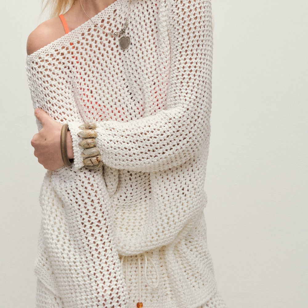 Dpercent丨Long-staple cotton blended yarn knitted hollow cardigan suit