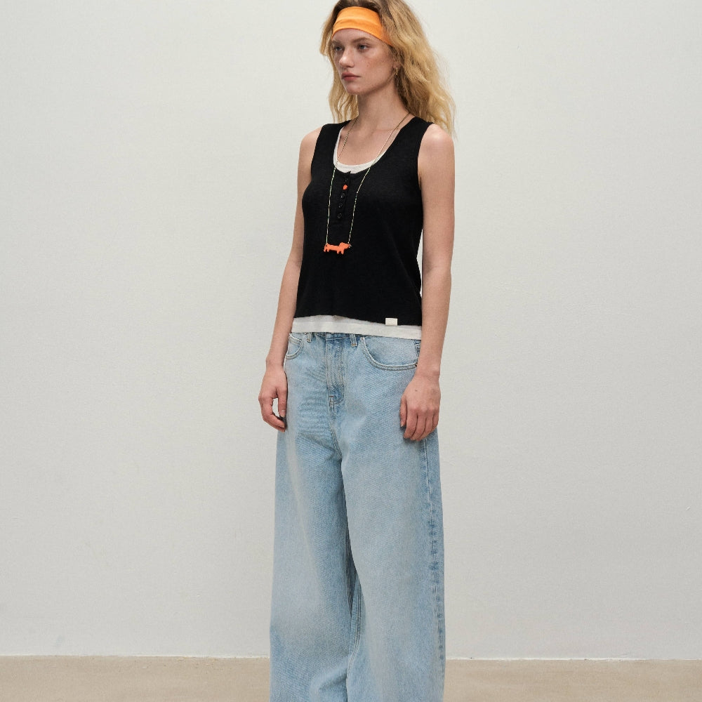 Dpercent丨U-neck contrast color wide shoulder fake two-piece layered woven vest