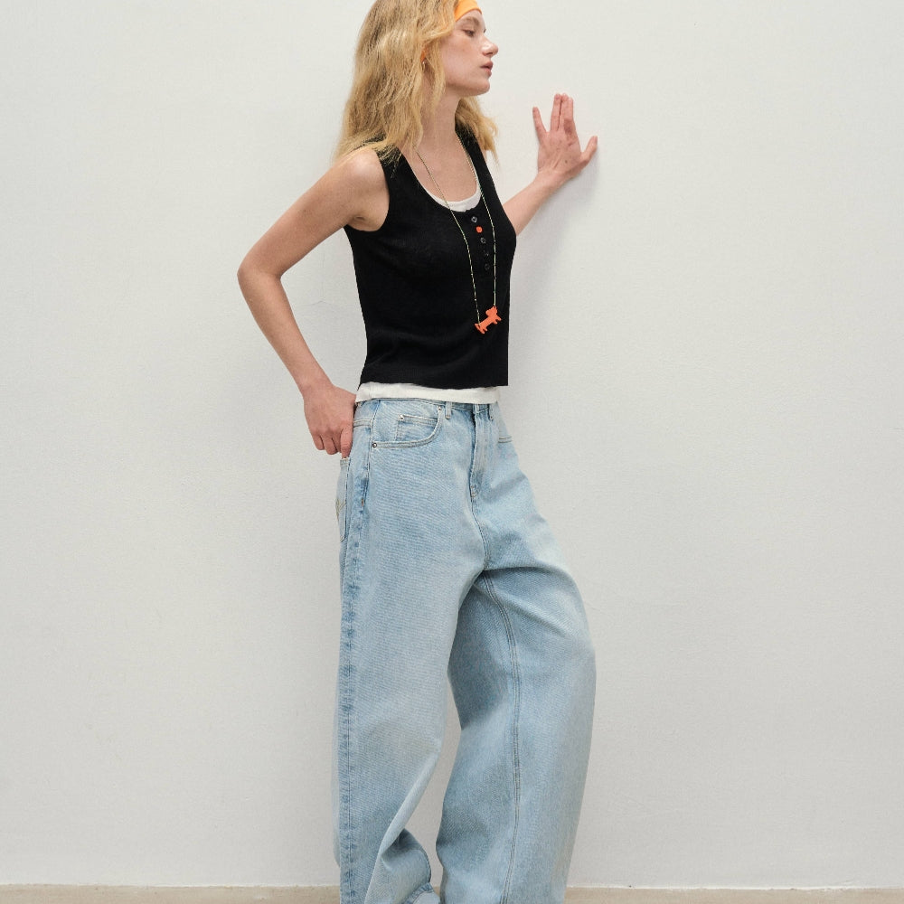 Dpercent丨U-neck contrast color wide shoulder fake two-piece layered woven vest
