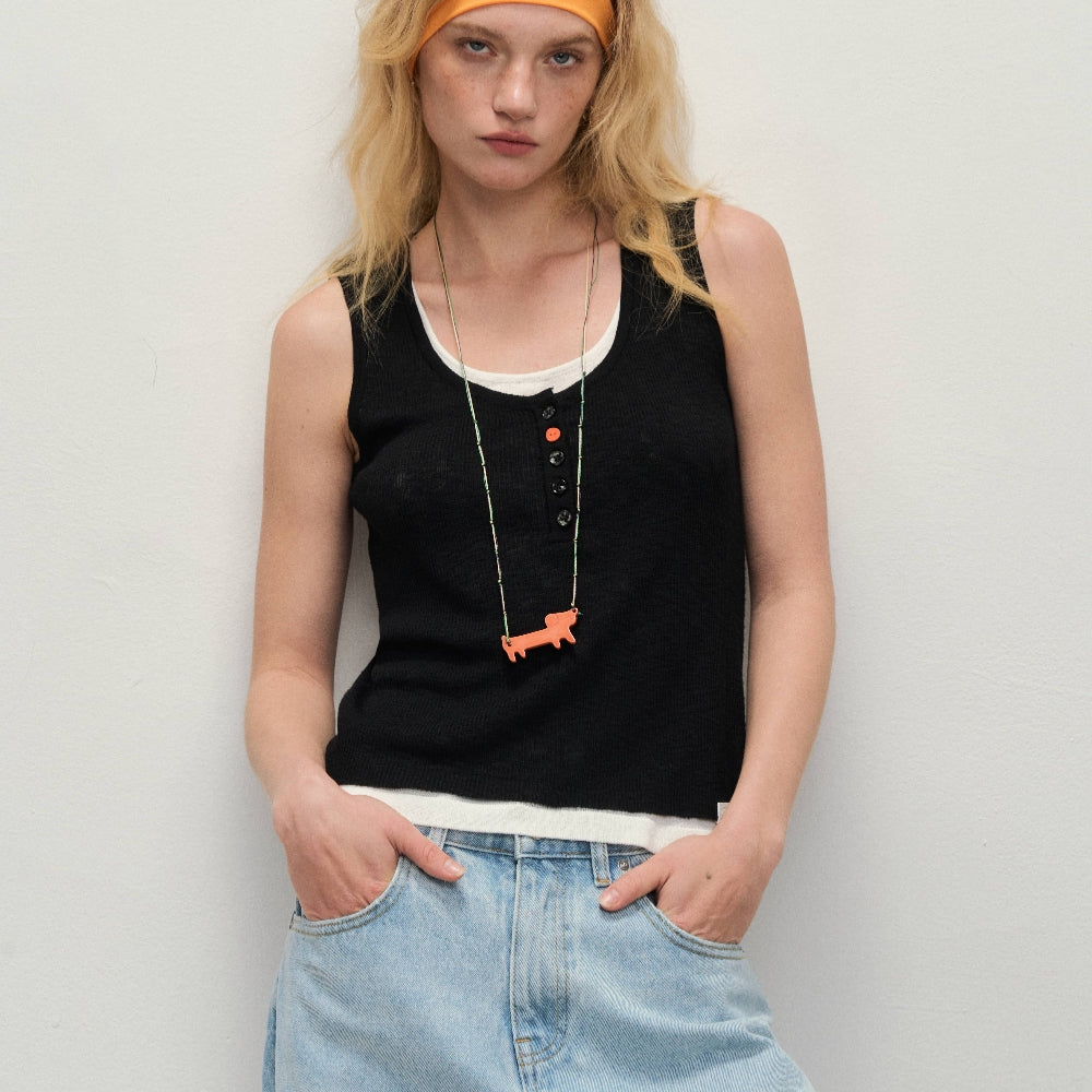 Dpercent丨U-neck contrast color wide shoulder fake two-piece layered woven vest