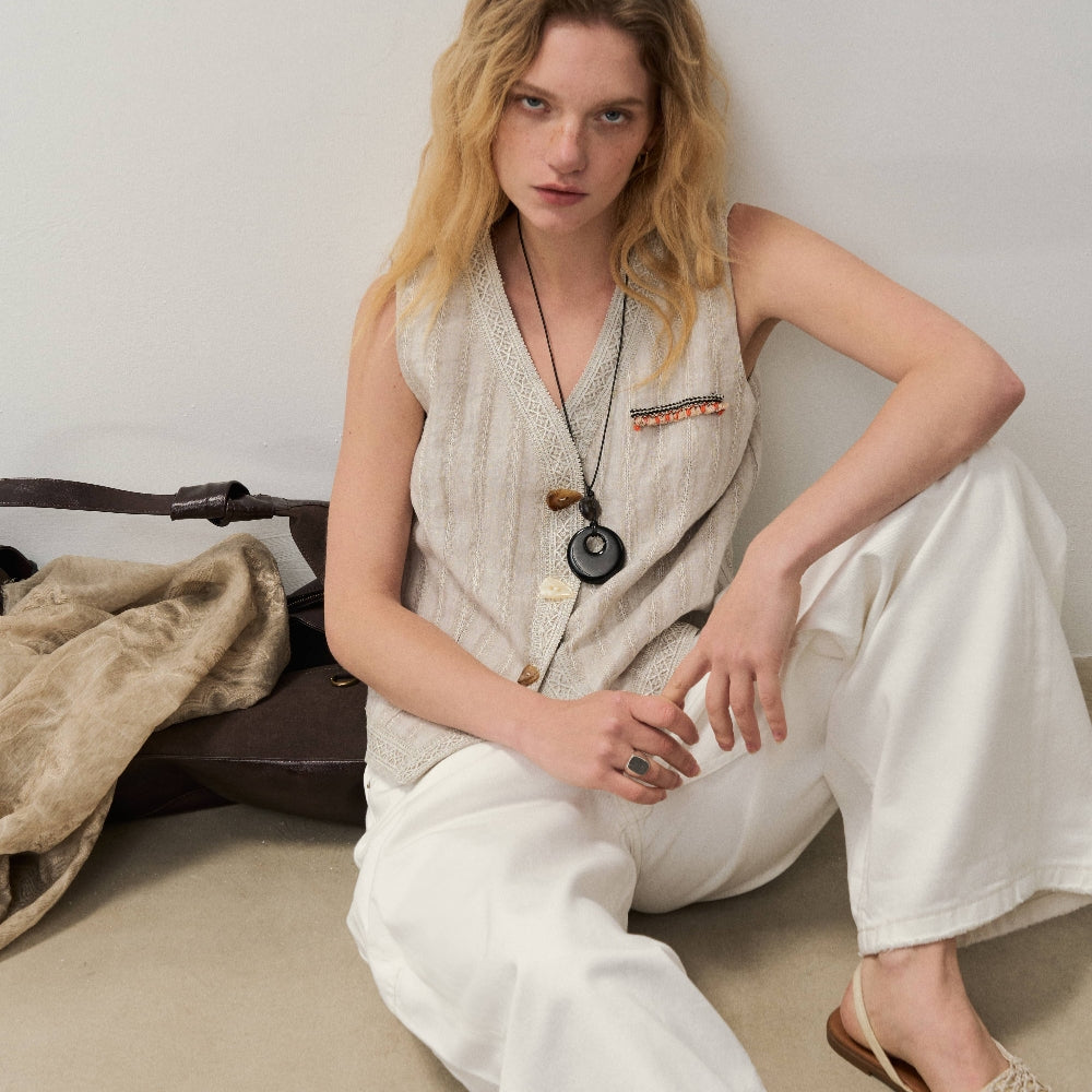 Dpercent丨Natural linen jacquard texture v-neck vest sleeveless top