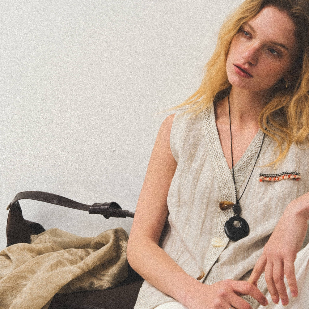 Dpercent丨Natural linen jacquard texture v-neck vest sleeveless top