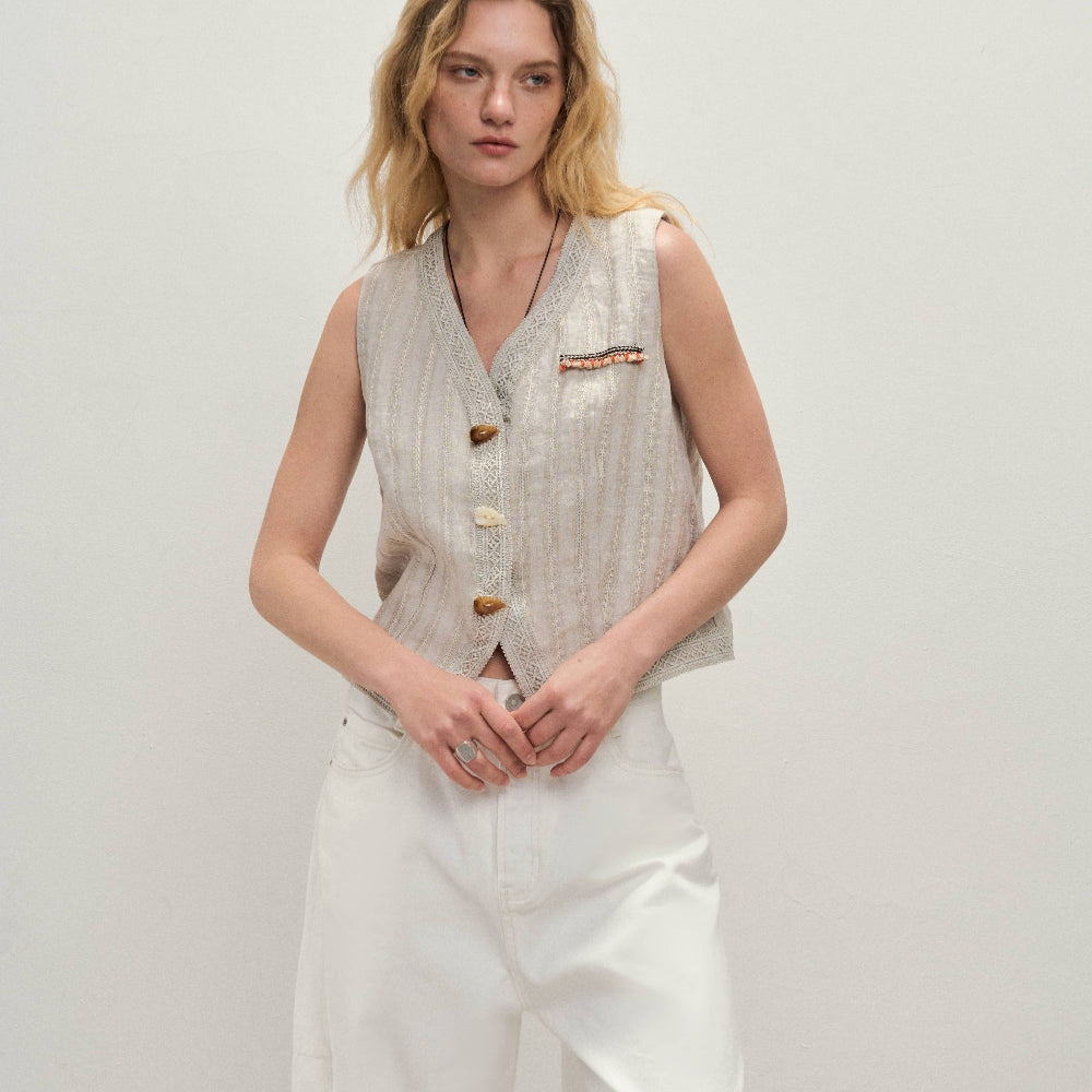 Dpercent丨Natural linen jacquard texture v-neck vest sleeveless top