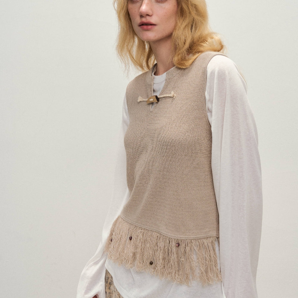 Dpercent丨Natural wooden horn button tassel vest beige sleeveless top