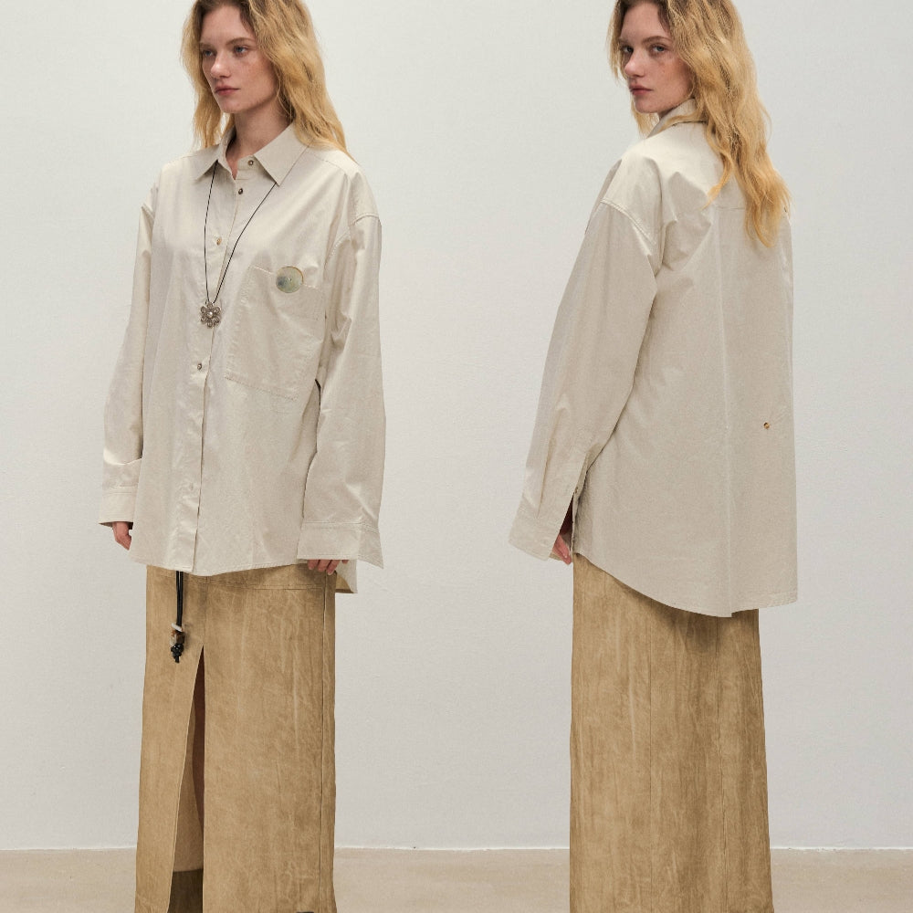Dpercent丨Button loose shirt apricot gray small lapel jacket top