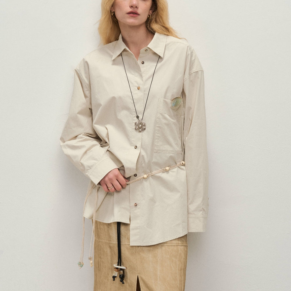 Dpercent丨Button loose shirt apricot gray small lapel jacket top