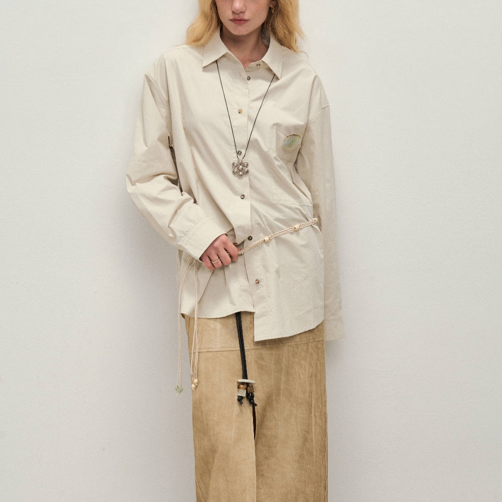 Dpercent丨Button loose shirt apricot gray small lapel jacket top