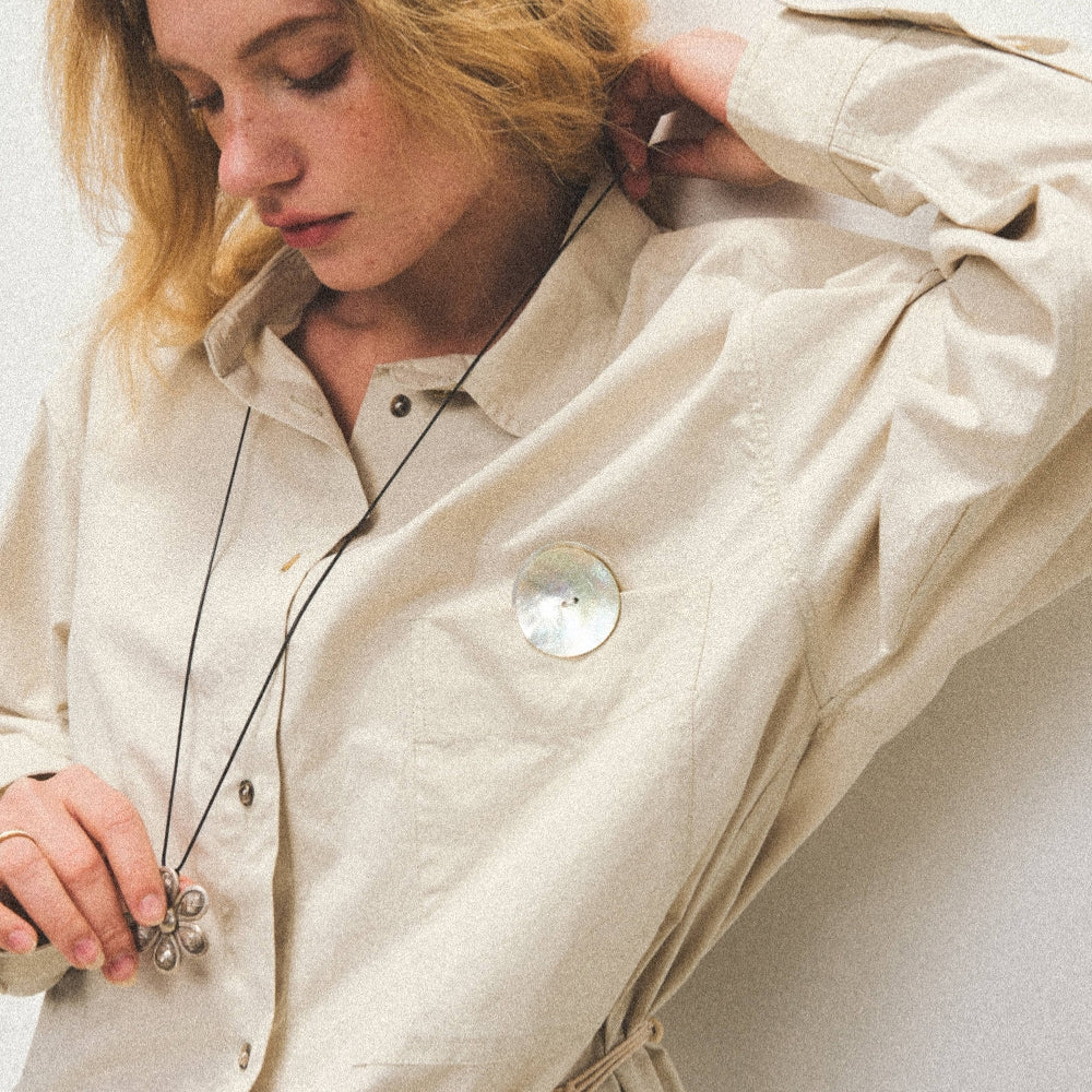 Dpercent丨Button loose shirt apricot gray small lapel jacket top