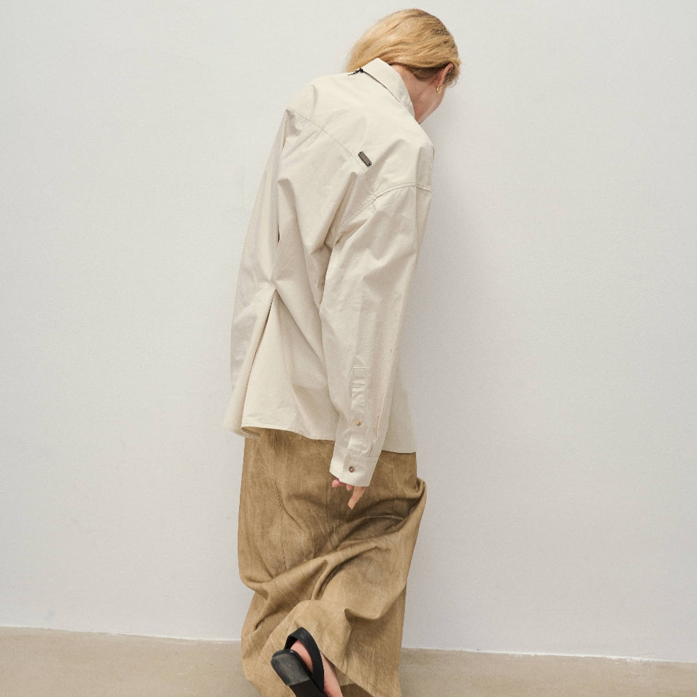 Dpercent丨Button loose shirt apricot gray small lapel jacket top