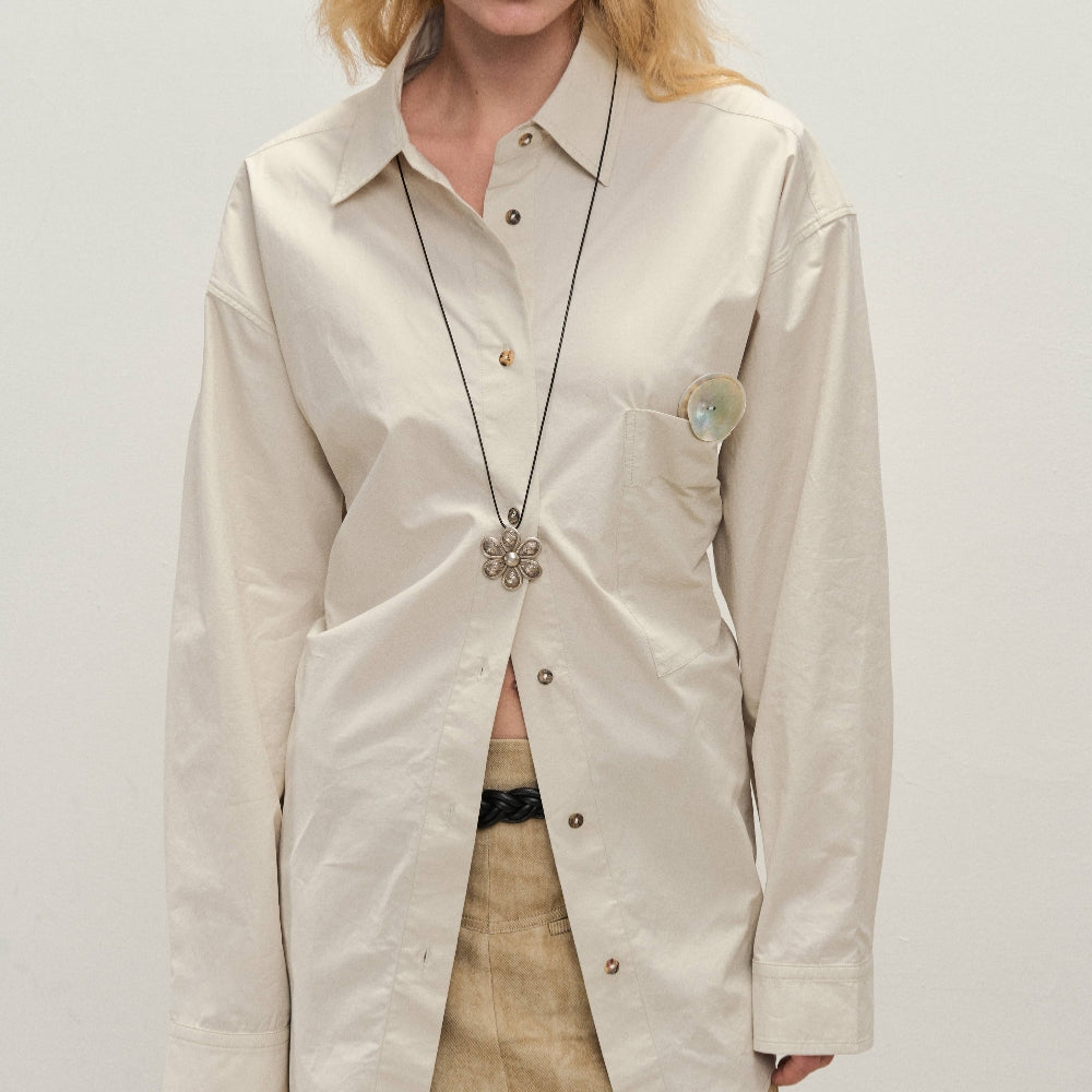 Dpercent丨Button loose shirt apricot gray small lapel jacket top