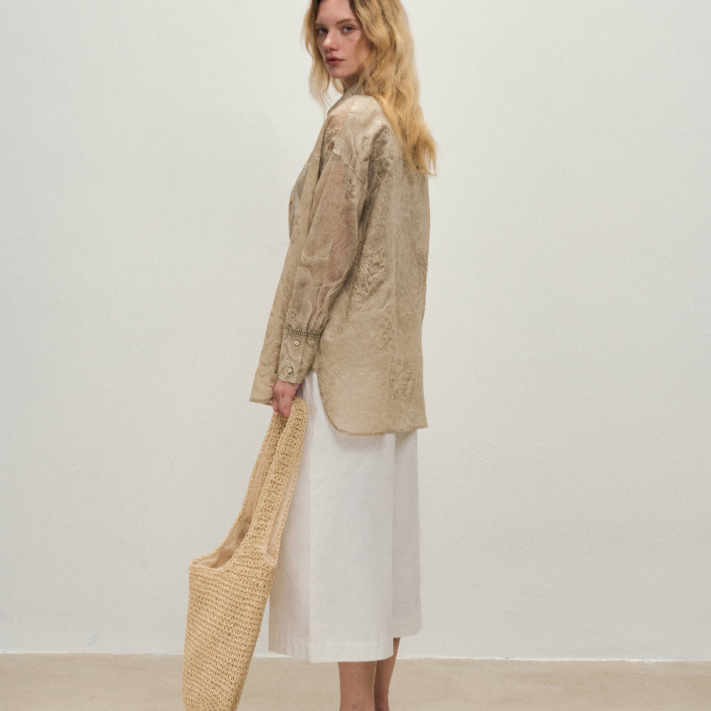 Dpercent｜Tencel linen lapel design sun-proof sand-colored embroidered thin long-sleeved shirt