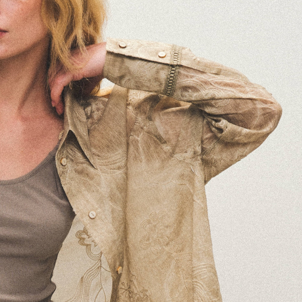 Dpercent｜Tencel linen lapel design sun-proof sand-colored embroidered thin long-sleeved shirt