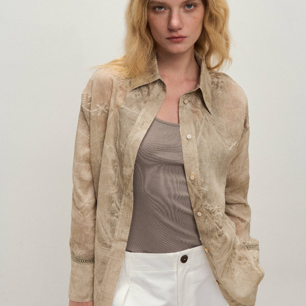 Dpercent｜Tencel linen lapel design sun-proof sand-colored embroidered thin long-sleeved shirt