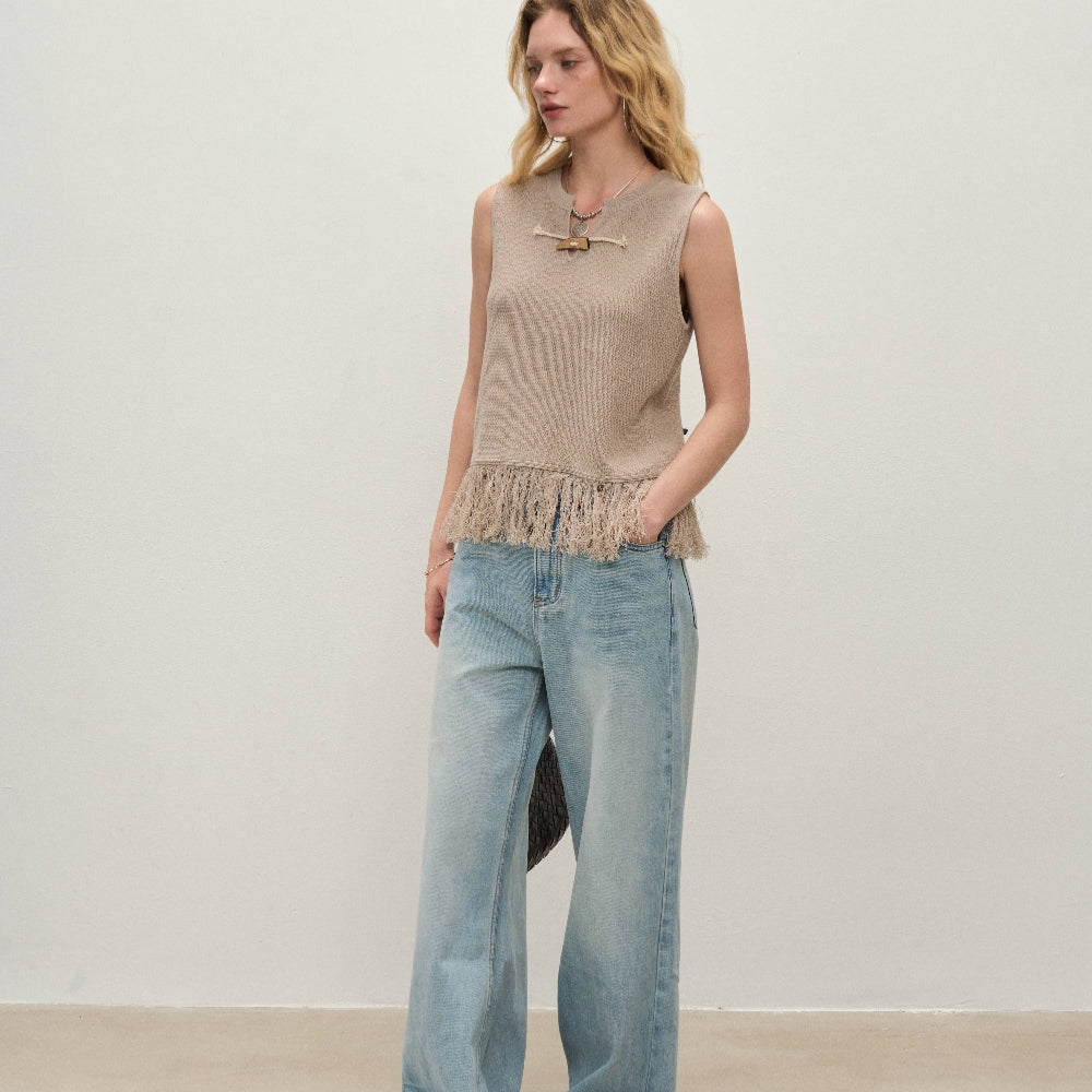 Dpercent丨Natural wooden horn button tassel vest beige sleeveless top