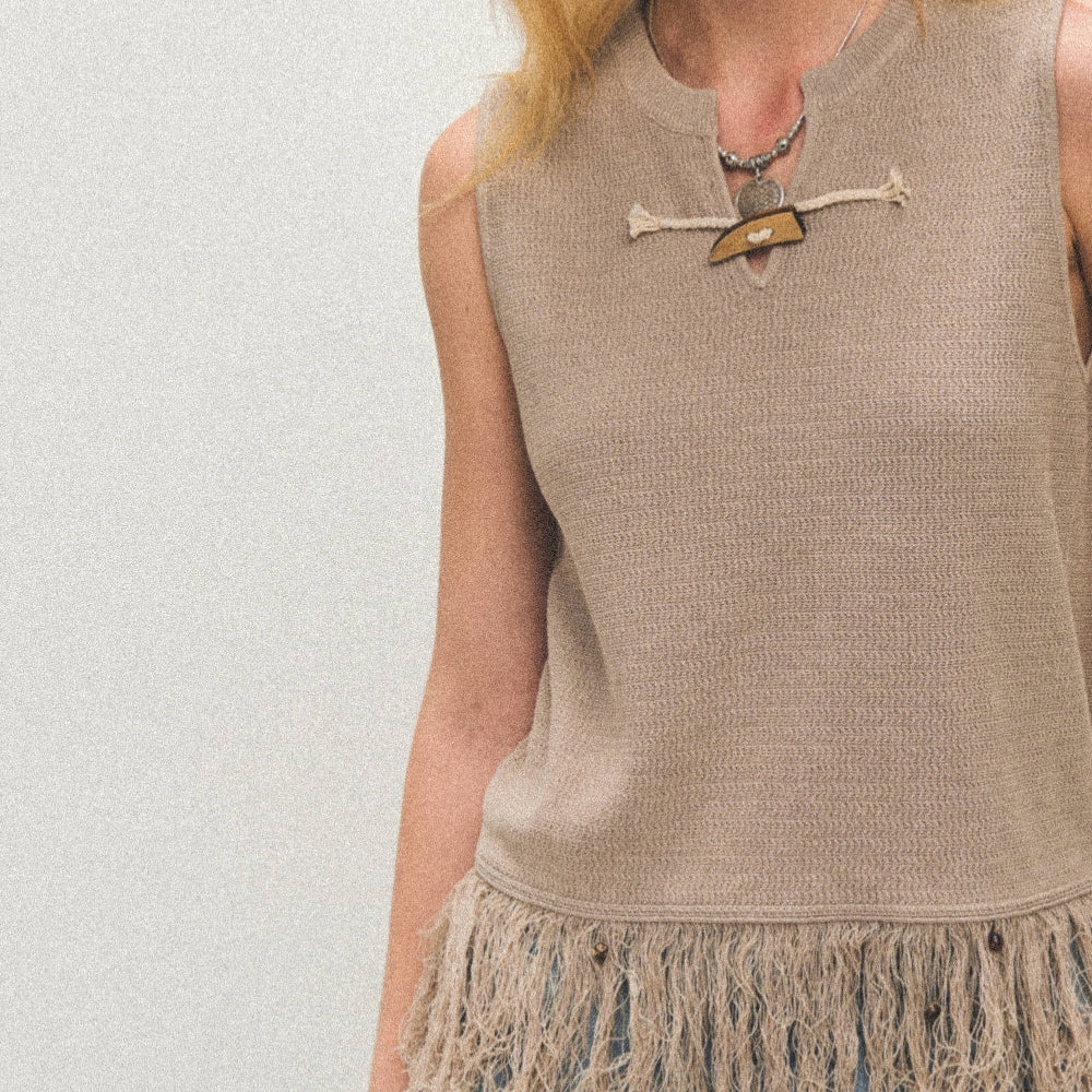 Dpercent丨Natural wooden horn button tassel vest beige sleeveless top