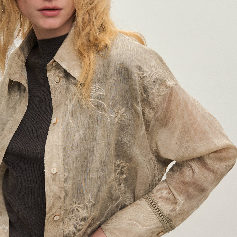 Dpercent｜Tencel linen lapel design sun-proof sand-colored embroidered thin long-sleeved shirt