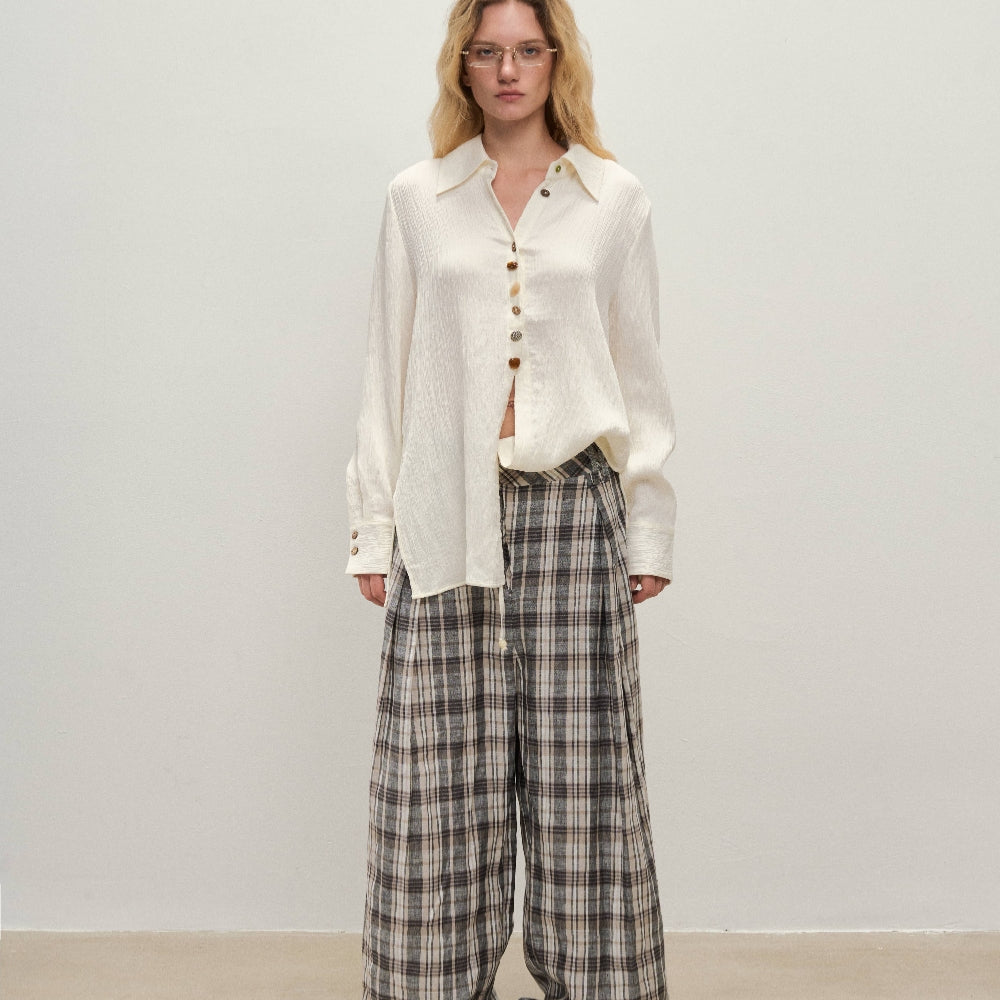 Dpercent丨Linen yarn-dyed fabric double-layer splicing silhouette wide-leg plaid pants