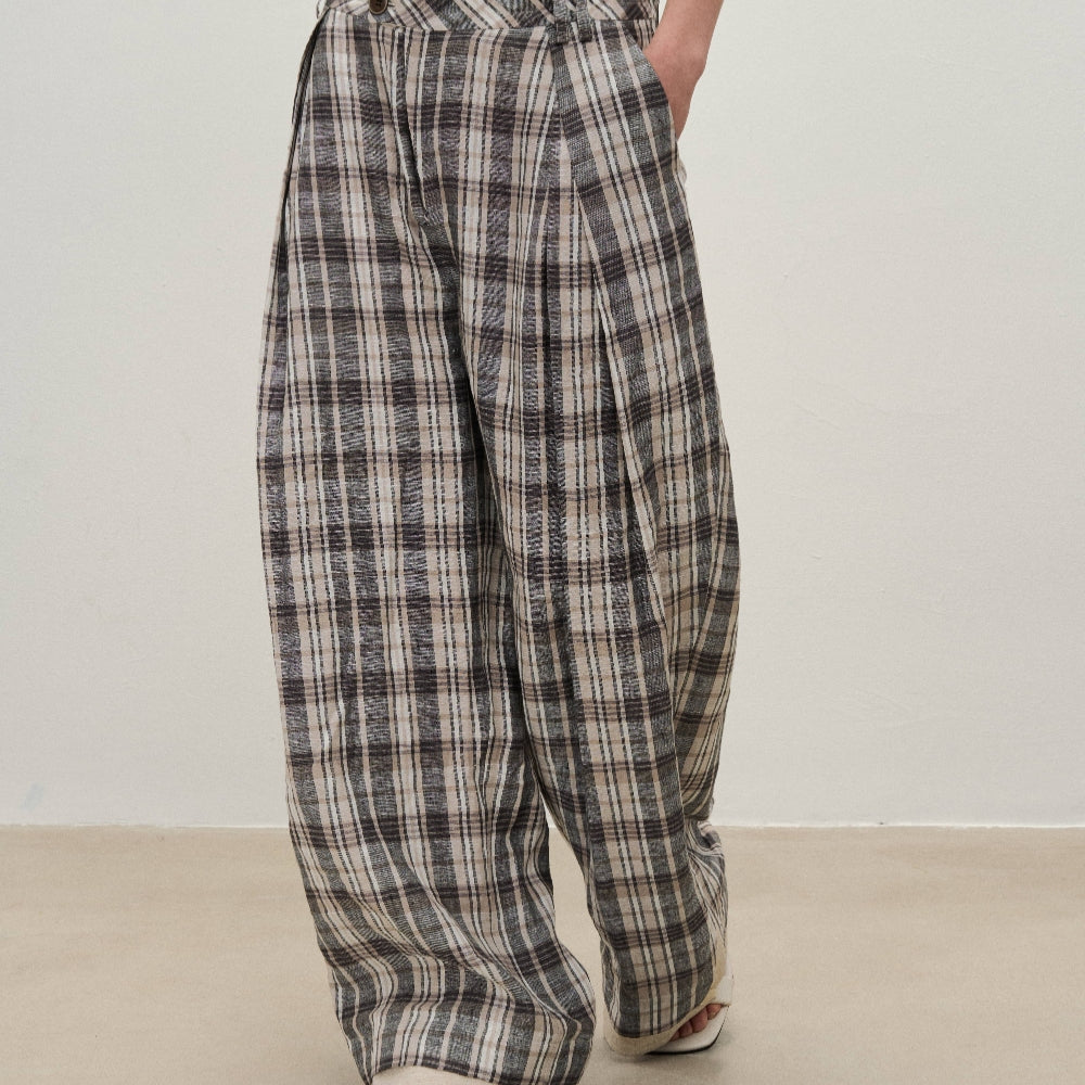 Dpercent丨Linen yarn-dyed fabric double-layer splicing silhouette wide-leg plaid pants
