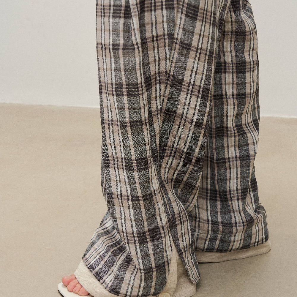 Dpercent丨Linen yarn-dyed fabric double-layer splicing silhouette wide-leg plaid pants