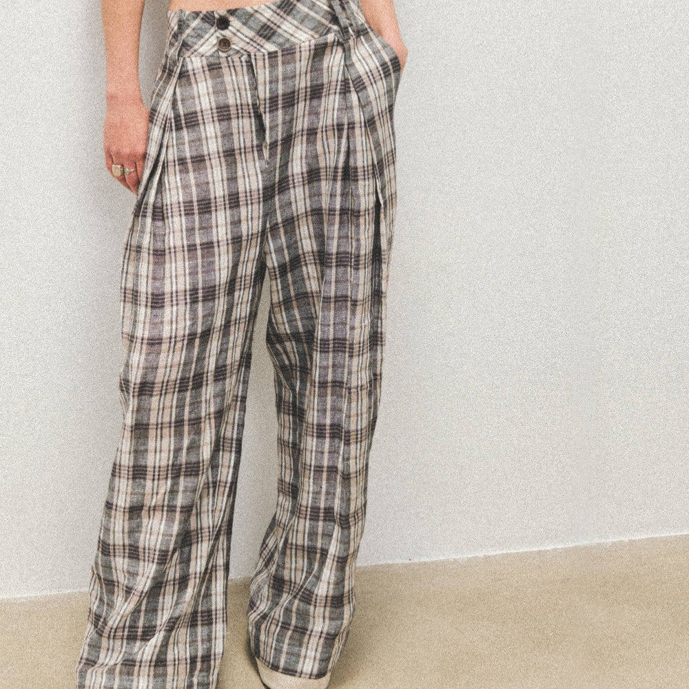 Dpercent丨Linen yarn-dyed fabric double-layer splicing silhouette wide-leg plaid pants