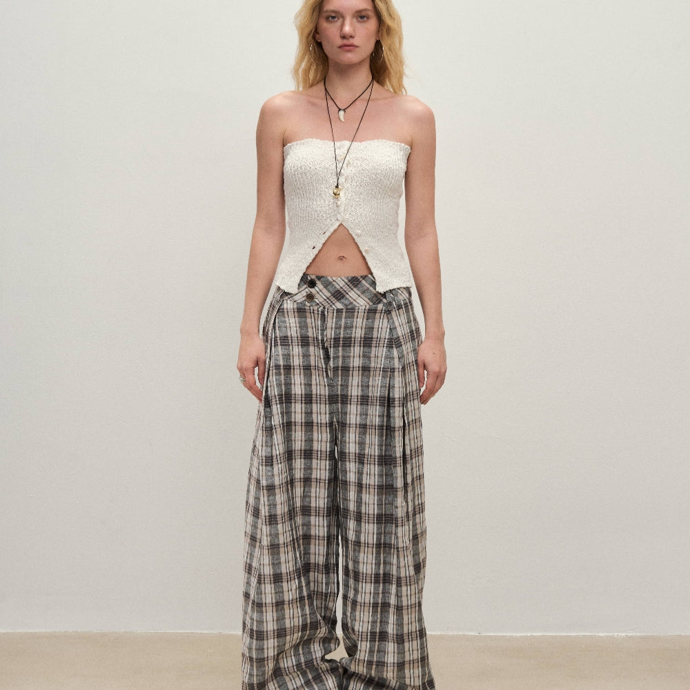 Dpercent丨Linen yarn-dyed fabric double-layer splicing silhouette wide-leg plaid pants