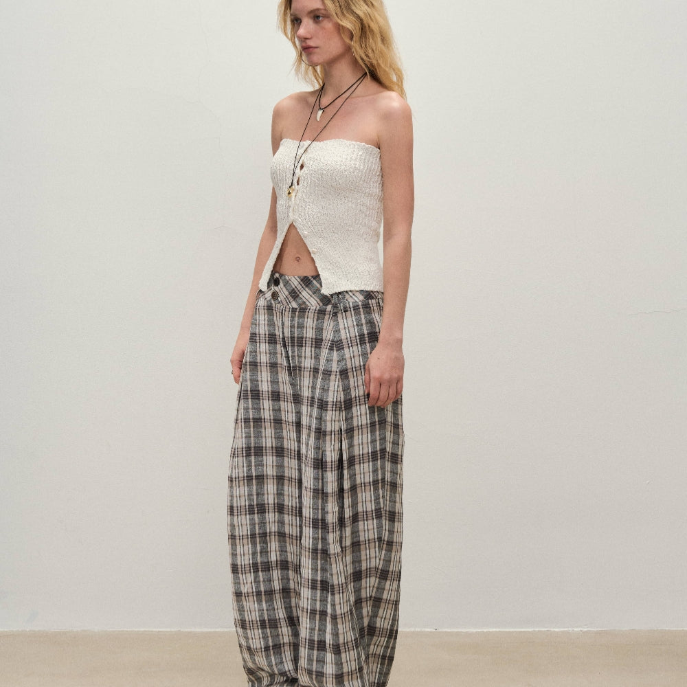 Dpercent丨Linen yarn-dyed fabric double-layer splicing silhouette wide-leg plaid pants
