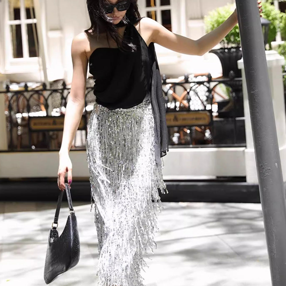 SSPARKLING heavy-duty skirt women's silver evening dress long skirt