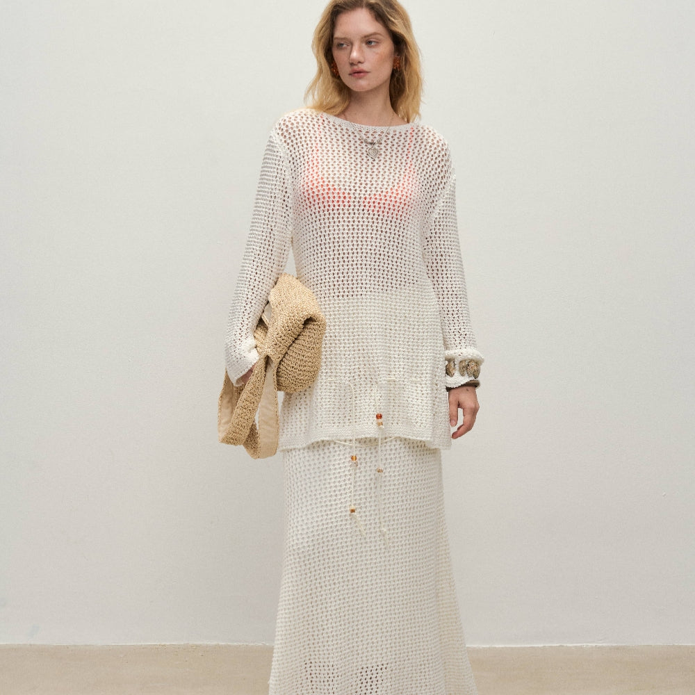 Dpercent丨Long-staple cotton blended yarn knitted hollow cardigan suit