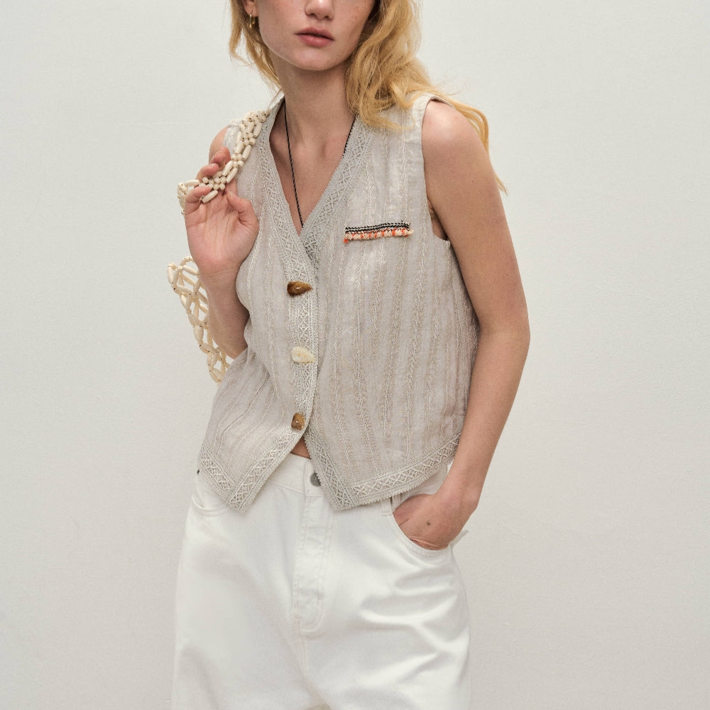 Dpercent丨Natural linen jacquard texture v-neck vest sleeveless top