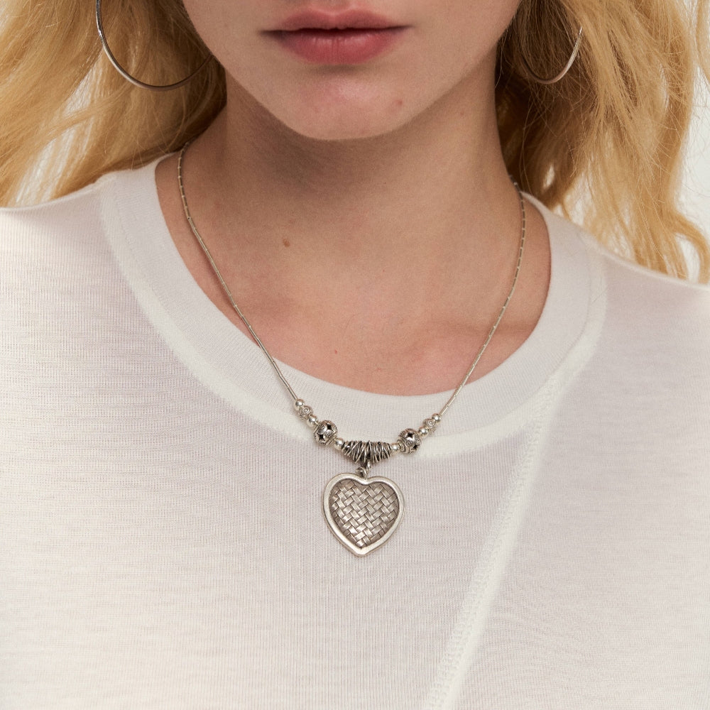 Dpercent丨925 heavy silver woven heart-shaped pendant necklace