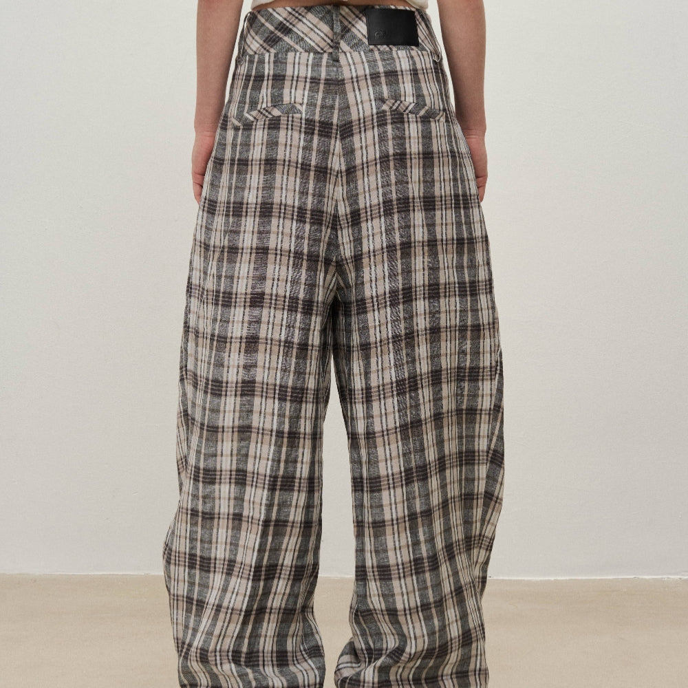 Dpercent丨Linen yarn-dyed fabric double-layer splicing silhouette wide-leg plaid pants