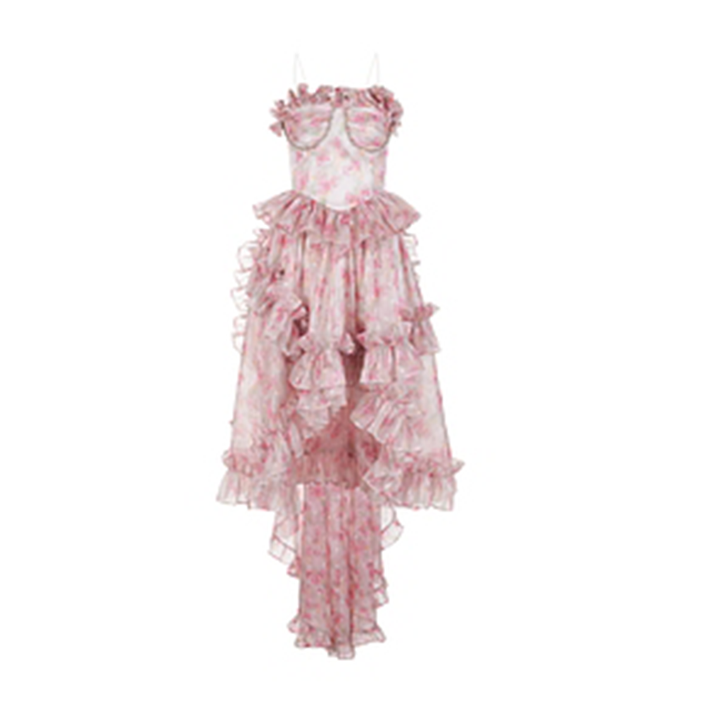 Three Quarters gilded rose tube top dress with train
