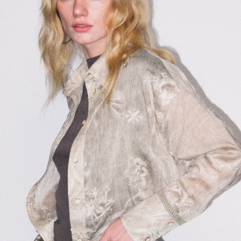 Dpercent｜Tencel linen lapel design sun-proof sand-colored embroidered thin long-sleeved shirt