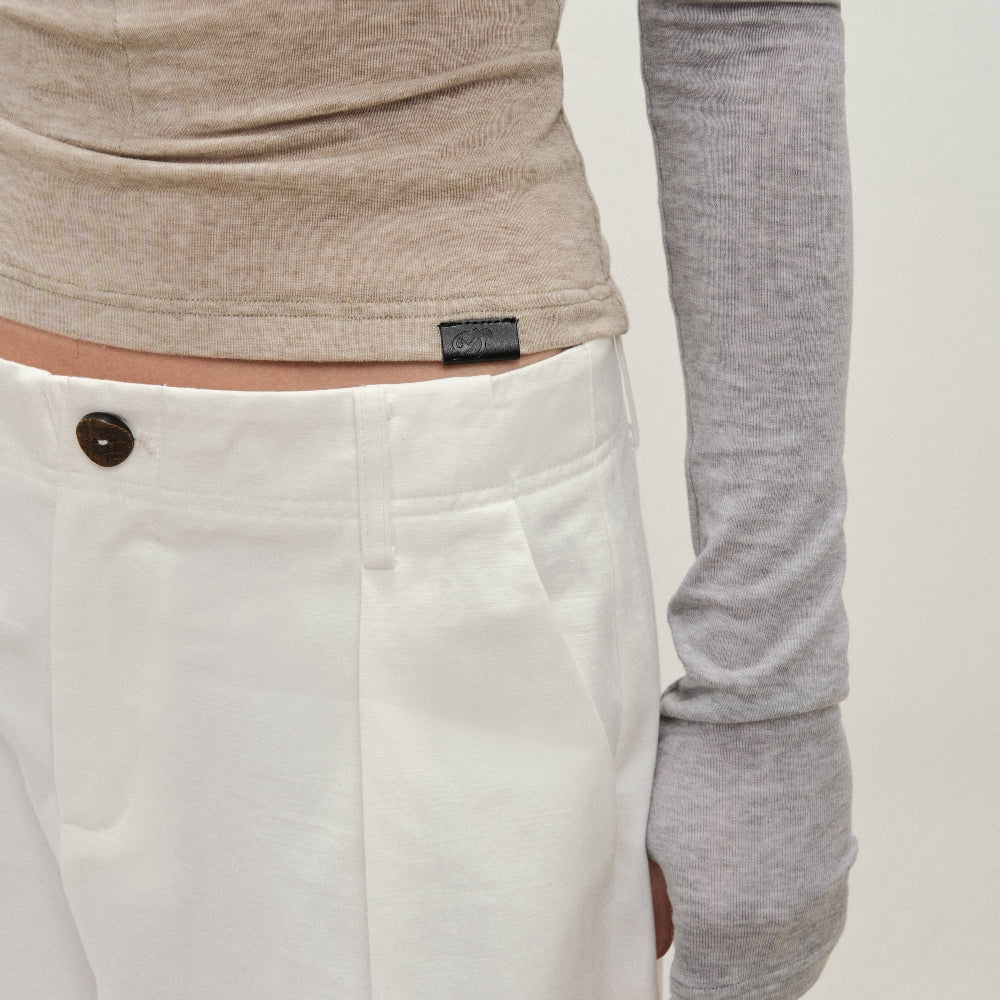 Dpercent丨Imported PIMA cotton pleated waist-style white loose-fitting cropped shorts