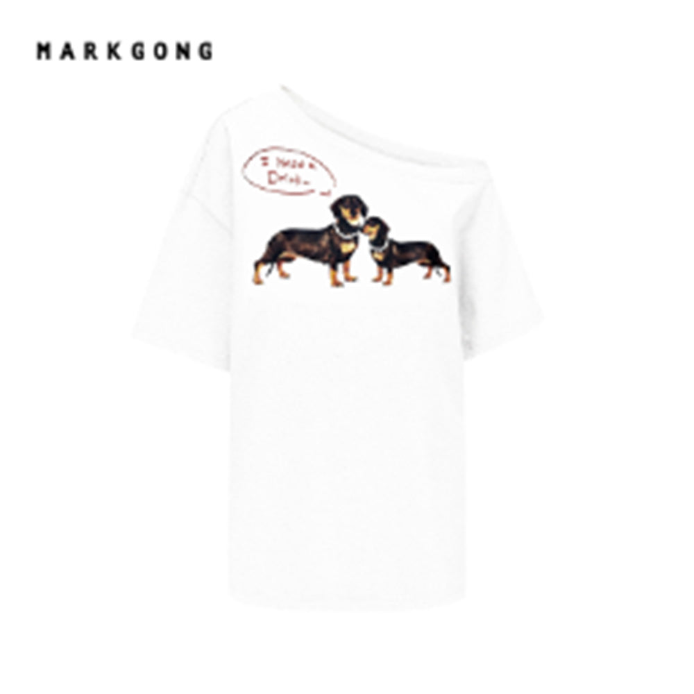 MARKGONG Dog Print Off-Shoulder Tee