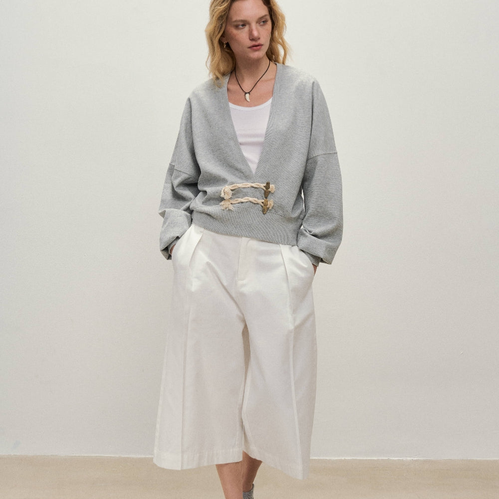 Dpercent丨Imported PIMA cotton pleated waist-style white loose-fitting cropped shorts