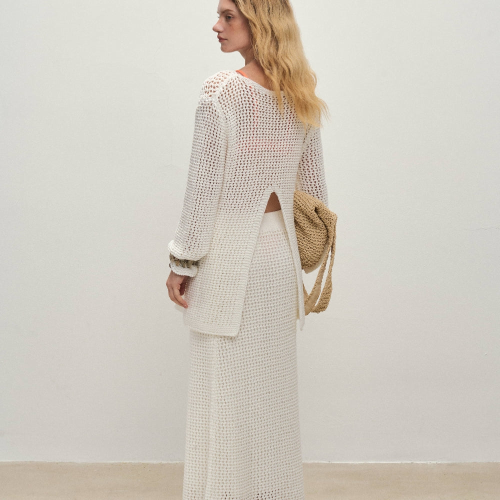 Dpercent丨Long-staple cotton blended yarn knitted hollow cardigan suit
