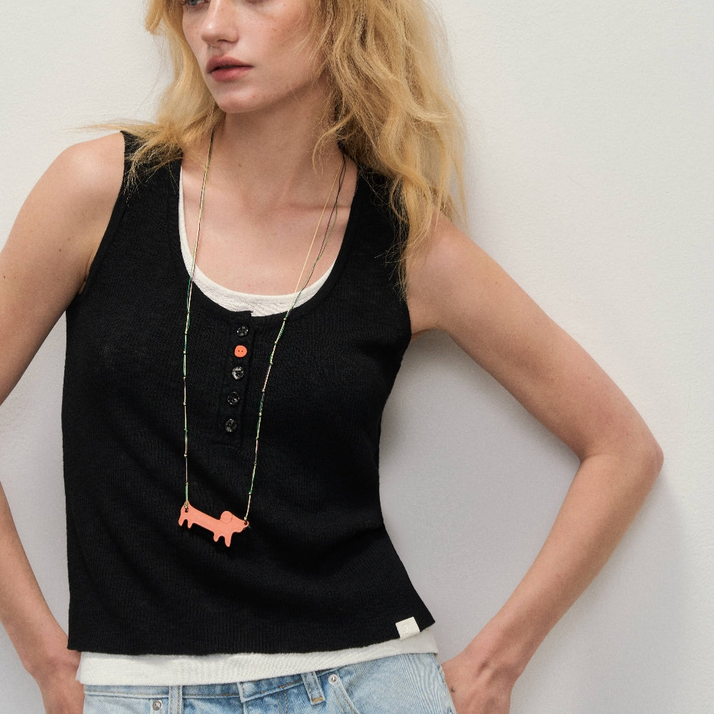 Dpercent丨U-neck contrast color wide shoulder fake two-piece layered woven vest
