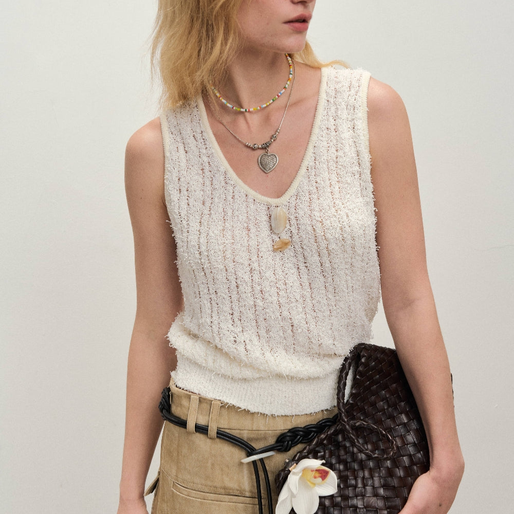 Dpercent丨South France holiday style hollow woven U-neck woolen vest