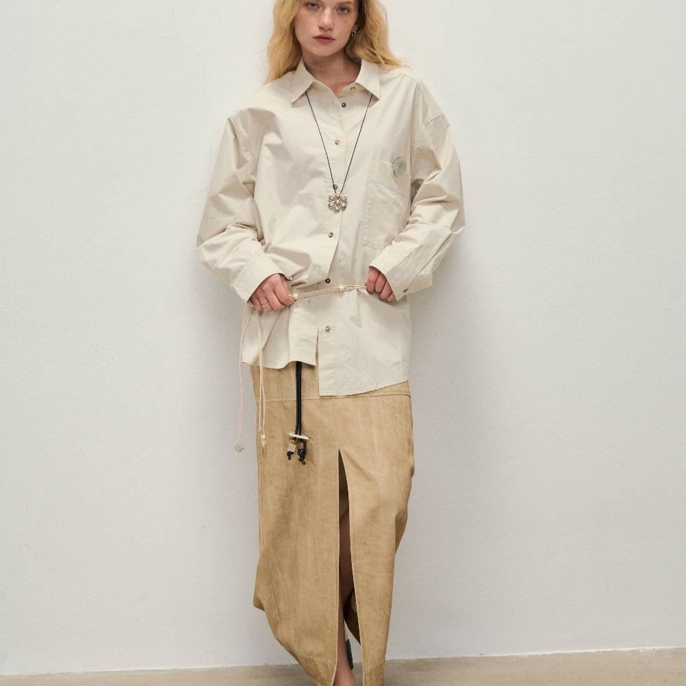 Dpercent丨Button loose shirt apricot gray small lapel jacket top